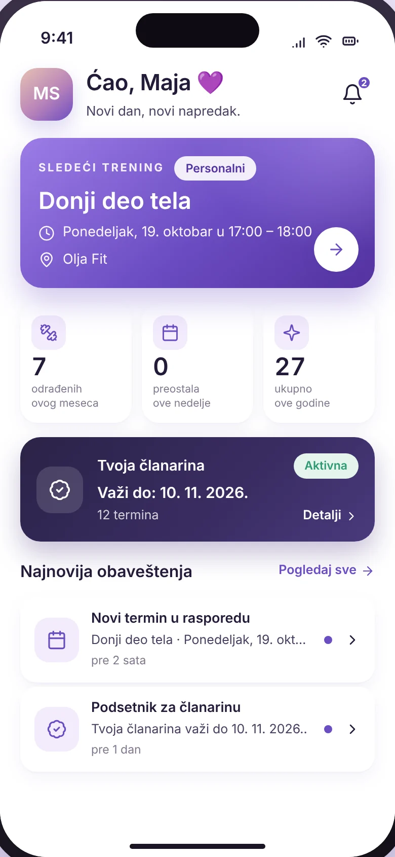 FitProGO početni ekran vežbača